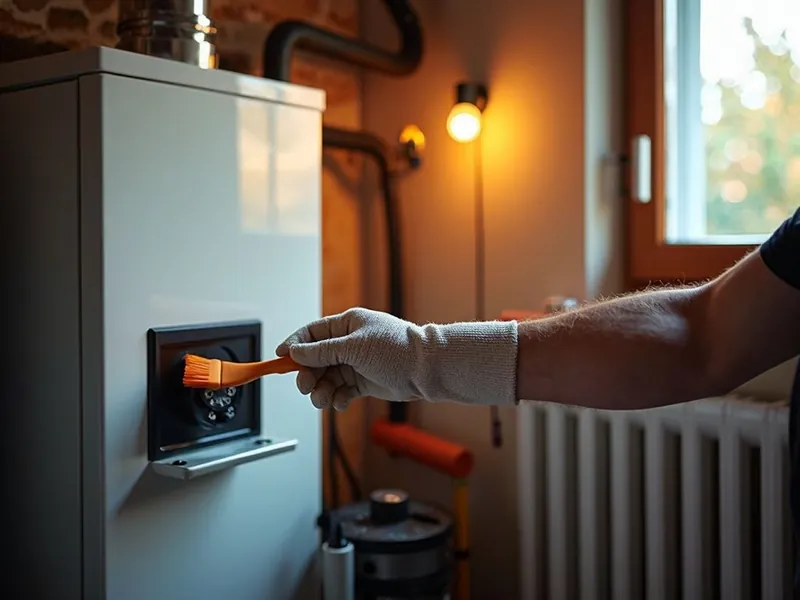 Pelletheizung Störung: Fachkraft reinigt den Brennraum eines Pelletkessels – Schlitz
